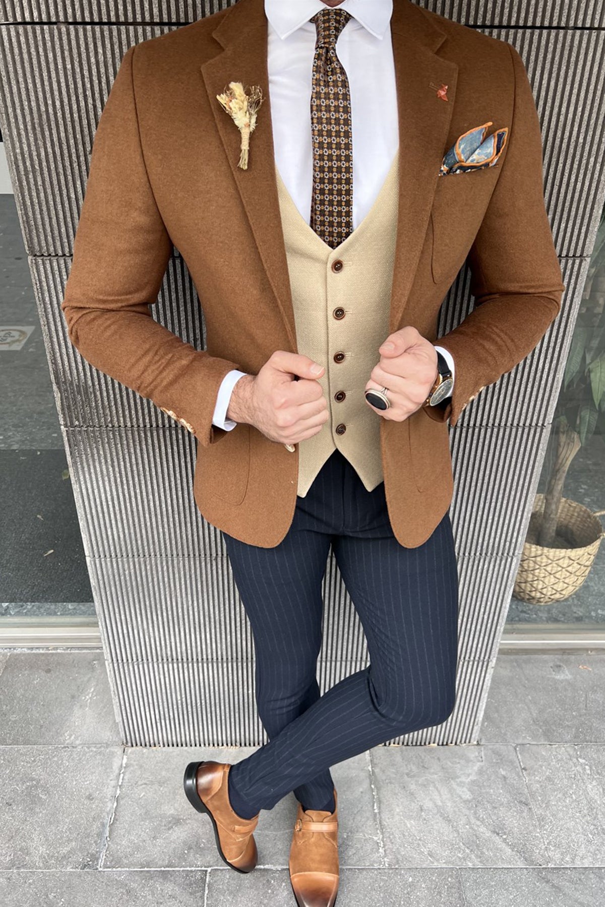 Brown Mono Collar Wool Jacket