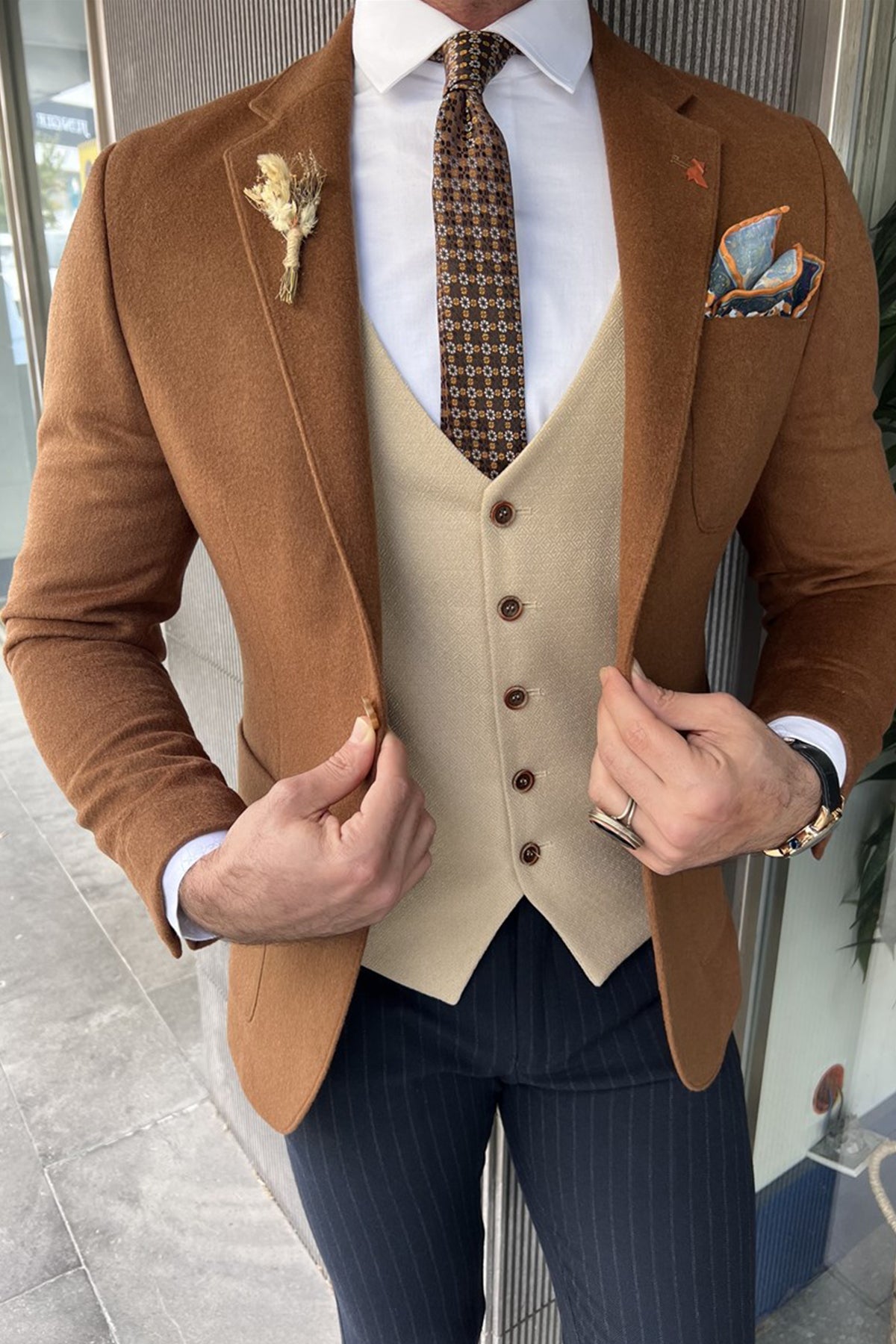 Brown Mono Collar Wool Jacket