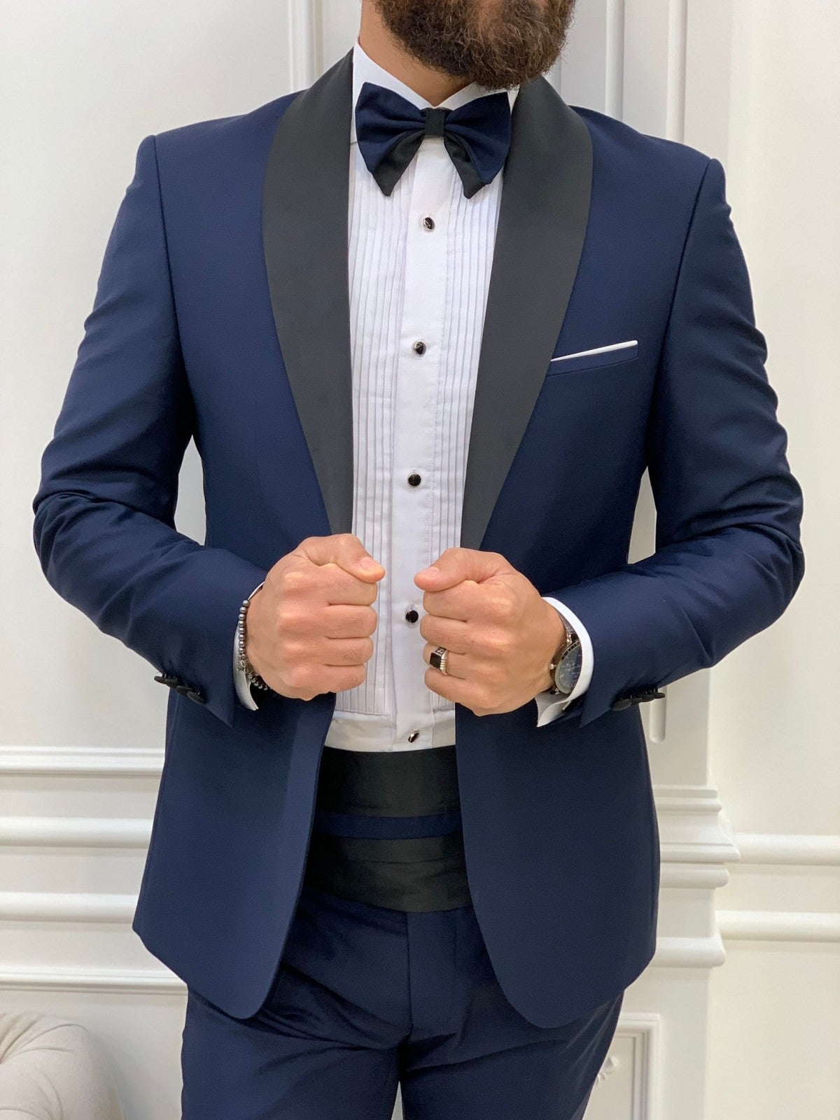Navy Blue Shawl Collar Italian Cut Men's Groom Suit